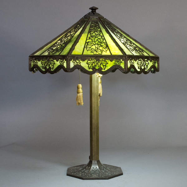8 Panel Green Maple Leaf Table Lamp, Vintage Glass Shade Table Lamps